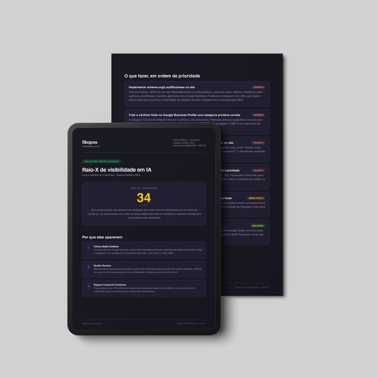 Exemplo do PDF do Raio-X Skopos IA com nota de visibilidade, concorrentes e prioridades de correção